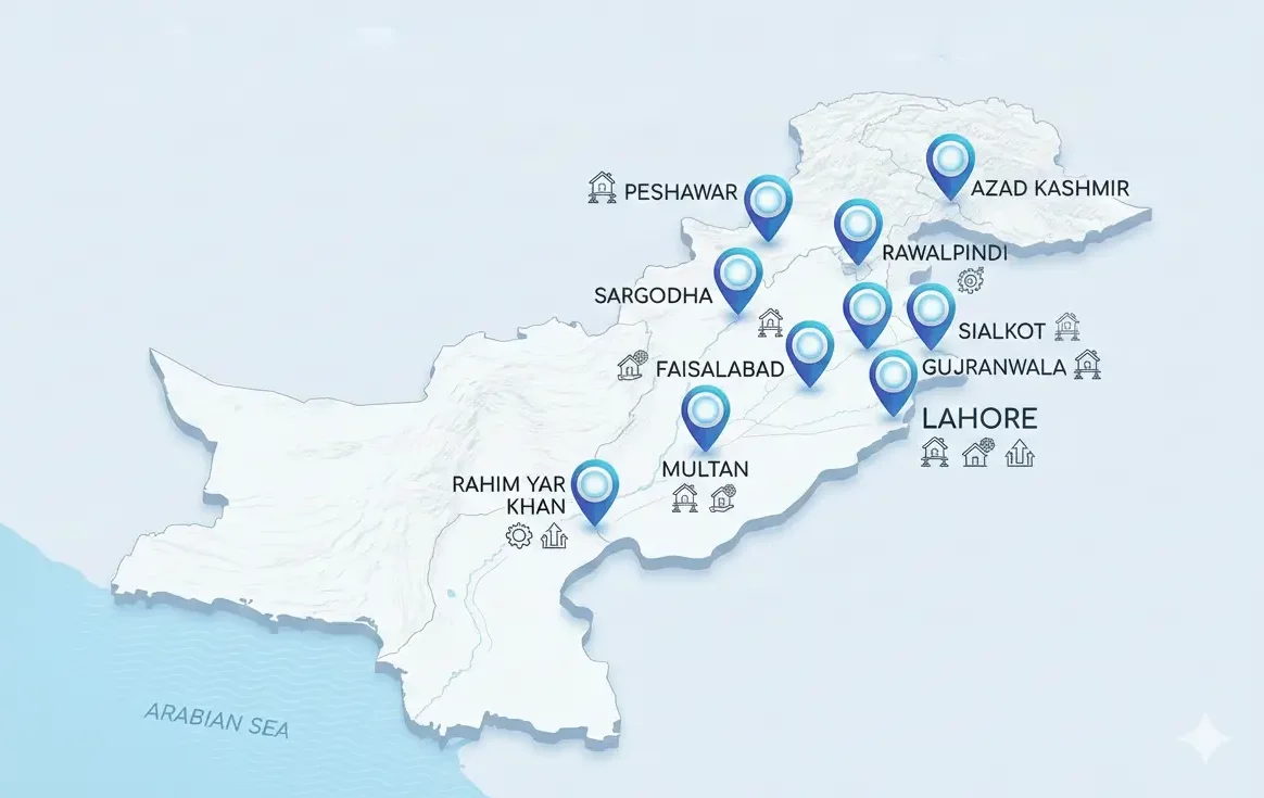 Map of Pakistan highlighting cities Lahore, Faisalabad, Gujranwala, Sialkot, Multan, Rawalpindi, and Islamabad showing availability of Jevaan House Lifting services.