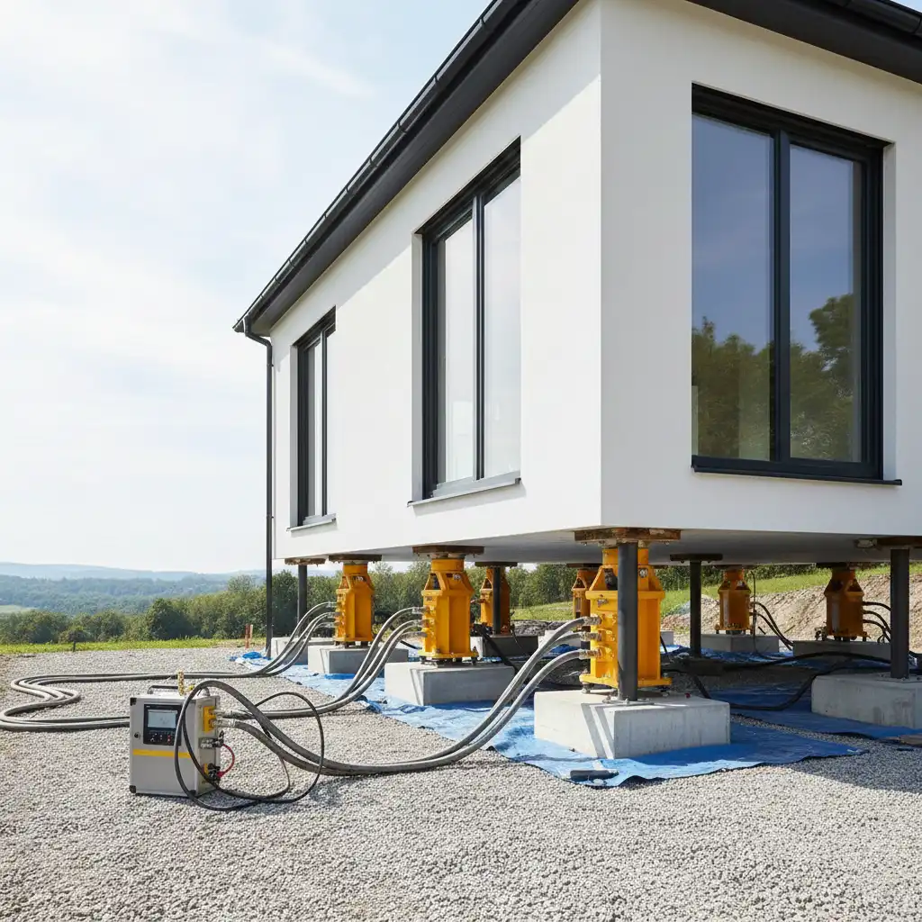 Safely raise existing houses using advanced hydraulic jack systems without damaging the structure. Ideal for flood protection, foundation repairs, and level adjustments.