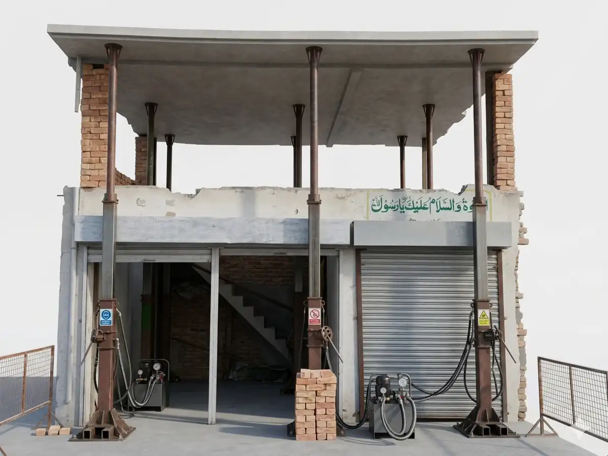 Professional roof lifting service in Pakistan using heavy duty hydraulic jacks for safe house raising and foundation leveling